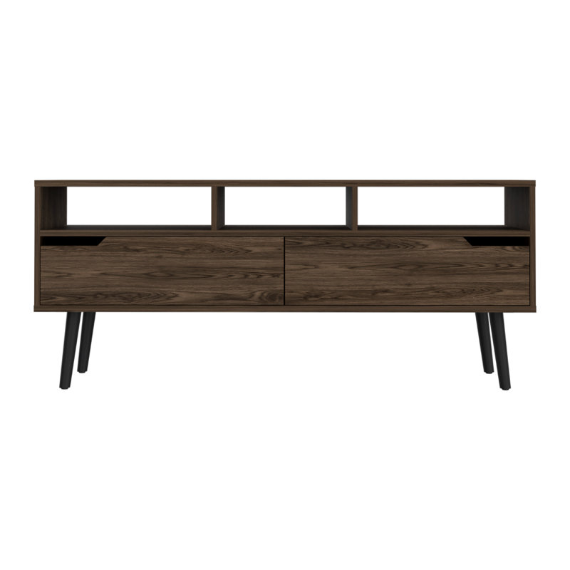 Meuble télé pour téléviseur de 52 po, trois tablettes ouvertes, deux tiroirs flexibles, noyer foncé