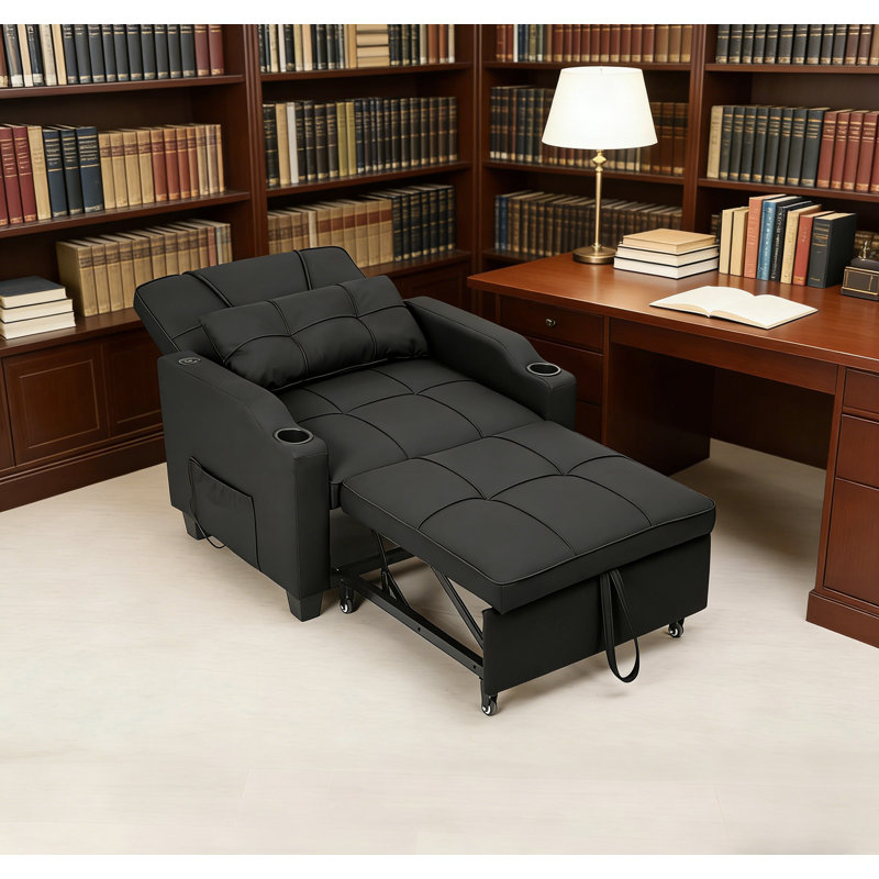 Sleeper Chair Pull Out Bed, 4-in-1 Convertible Sofa with Massage & USB Port for Small Spaces, Black