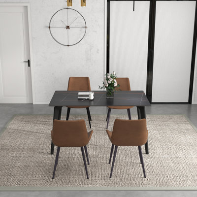 Fairy Nedek 5-Piece Modern Rectangular Sintered Stone Dining Table Set With 4 Brown Faux Leather Chairs