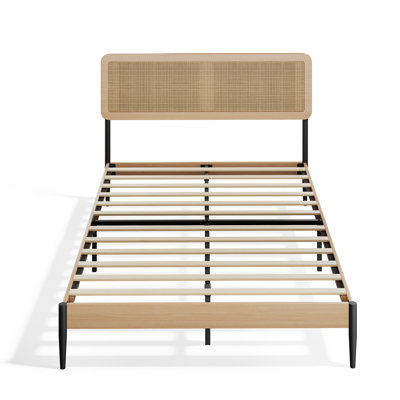 Boho Rattan Platform Bed Frame with Woven Headboard - Wood & Metal Support with Solid Wood Slats - No Box Spring Needed, Underbed Storage, Noise-Free, Easy Assembly - Full