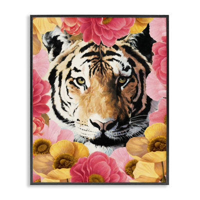 Tiger on Dahlia Florals Framed Giclee Art by Vivien Rhyan