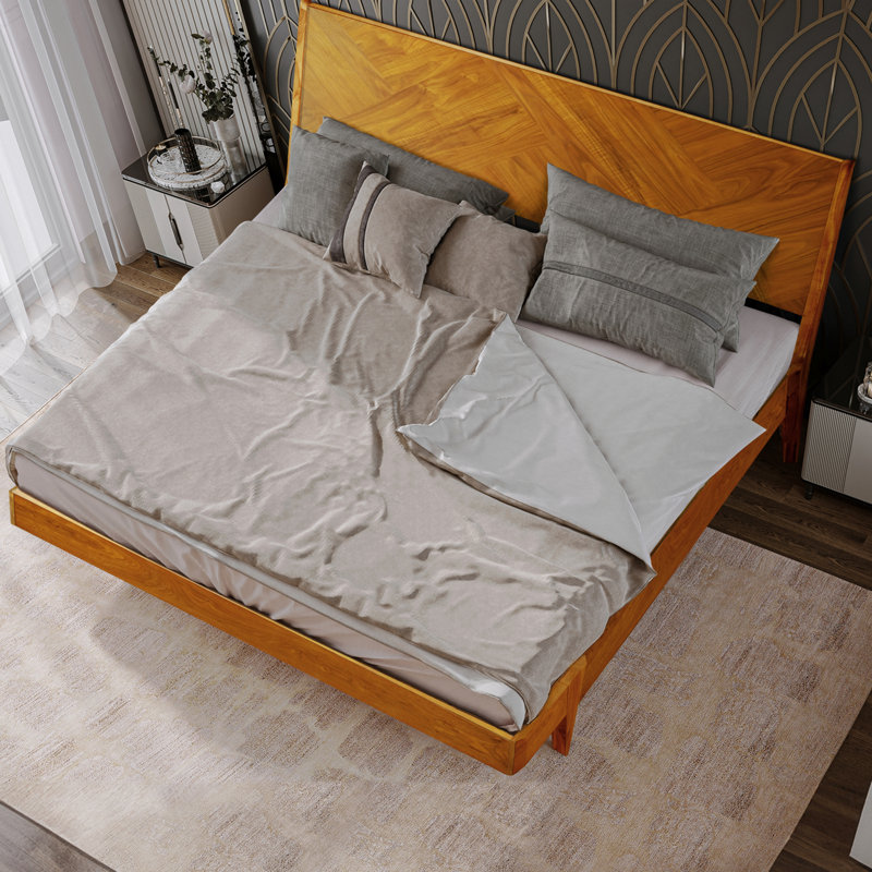 Gazelle Solid Wood Bed Frame with Artistic Patterned Headboard, King size bed, Caramel, King, Caramel