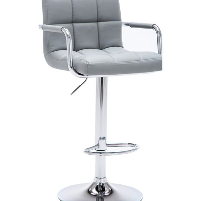 Adjustable Height Swivel Arm Bar Stool With Gray Cushion, 360 Rotation, Footrest And Contemporary Swivel, 24" - 33" Height, Comfortable Padded Back Seat