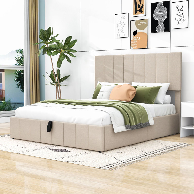 Upholstered Platform Bed with Hydraulic Storage System and Headboard, Beige, Full