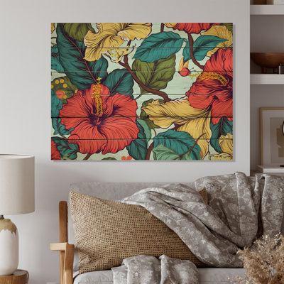 Coral Teal Tropical Hibiscus Harmony II On Wood Print