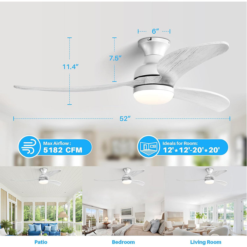 Ventilateur de plafond moderne de 52 pouces avec moteur à courant continu réversible à télécommande à 3 pales en bois massif à intensité variable
