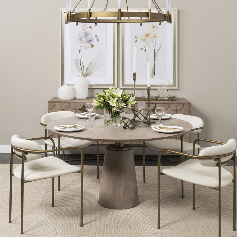 Thelma Round Solid Wood Top Dining Table, Light Brown/Gold