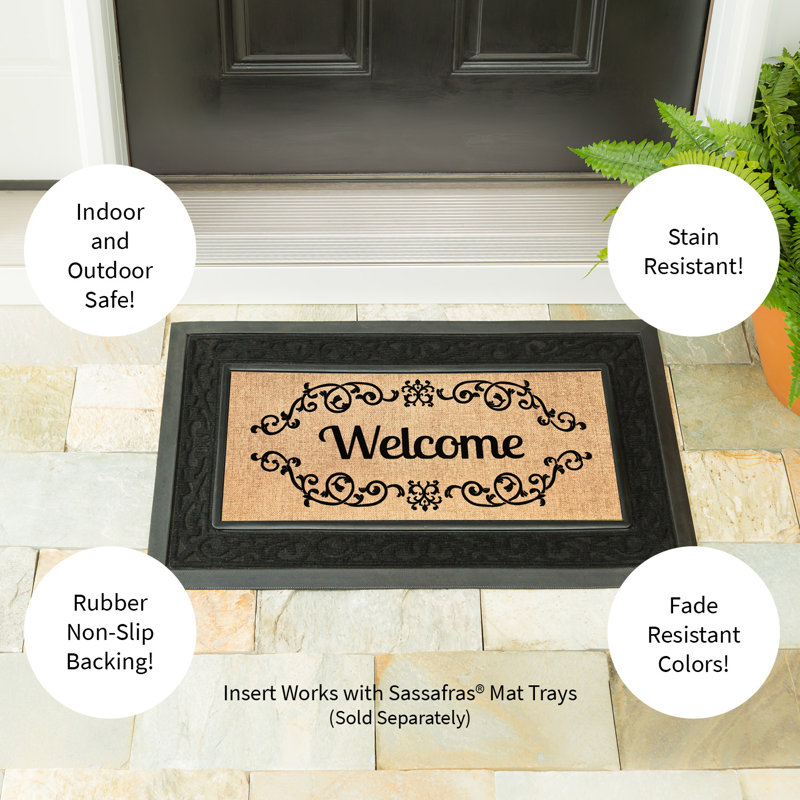 Beige and Black Rubber Outdoor Welcome Mat with Scroll Design