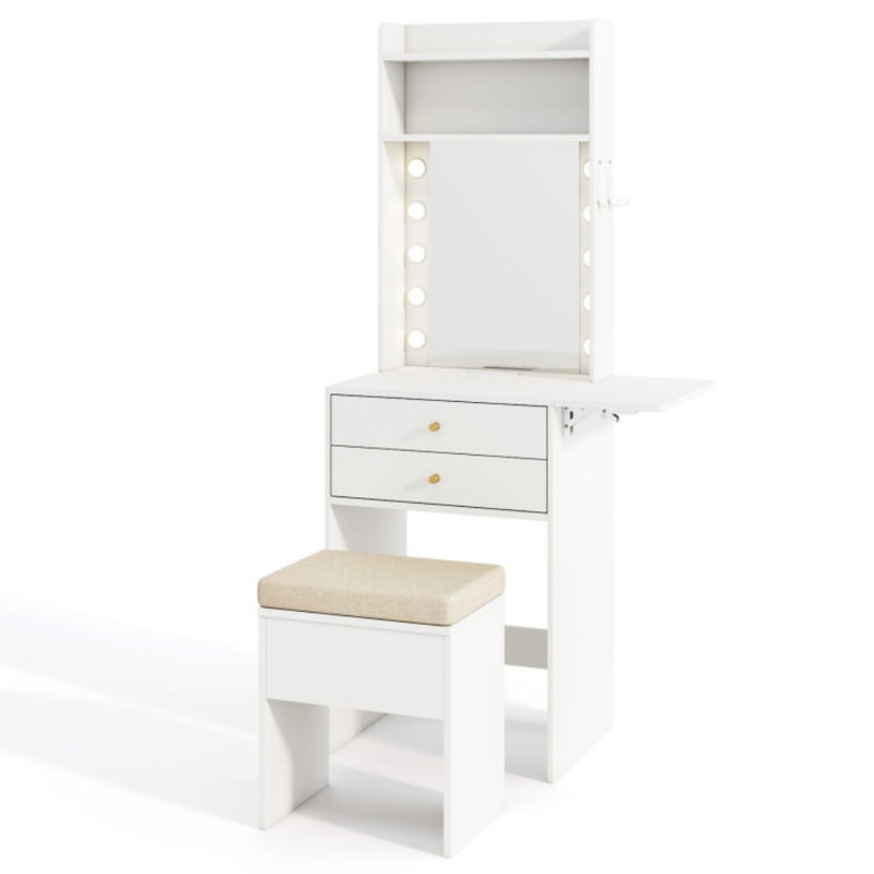 Compact Vanity Desk Set with 3-Color Lighted Mirror and Power Outlets