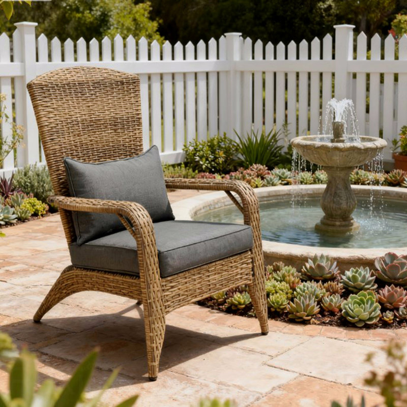 Outdoor Patio Chair, PE Rattan Wicker With Soft Cushions And Tall Curved Backrest, Gray