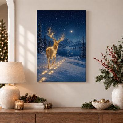 Art mural sur toile de cerf doré brillant dans la nuit d'hiver étoilée
