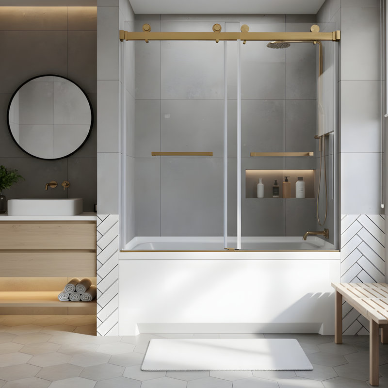 Porte de douche coulissante sans cadre l 60 po x H 62 po, Or brossé