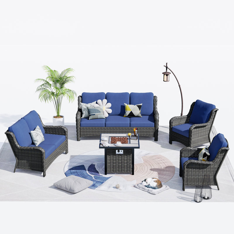Ensemble de conversation avec coussins pour 5 personnes Ules, Bleu denim
