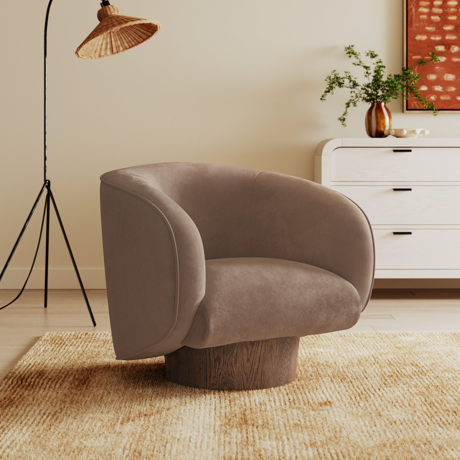 Nadine Upholstered Swivel Barrel Chair, Grey, Brown