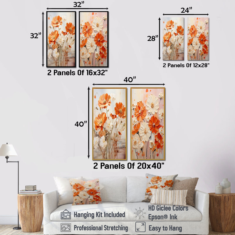 Ensemble de 2 reproductions d'art sur toile orange et beige Fiery Blooms I - souci, Cadre flottant doré, H 32 po x l 33 po