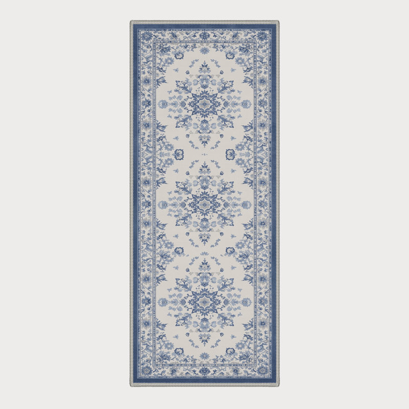 Floria Floral Machine Washable Powder Blue Indoor Area Rug with Non-Slip Backing, Runner 2' x 6'