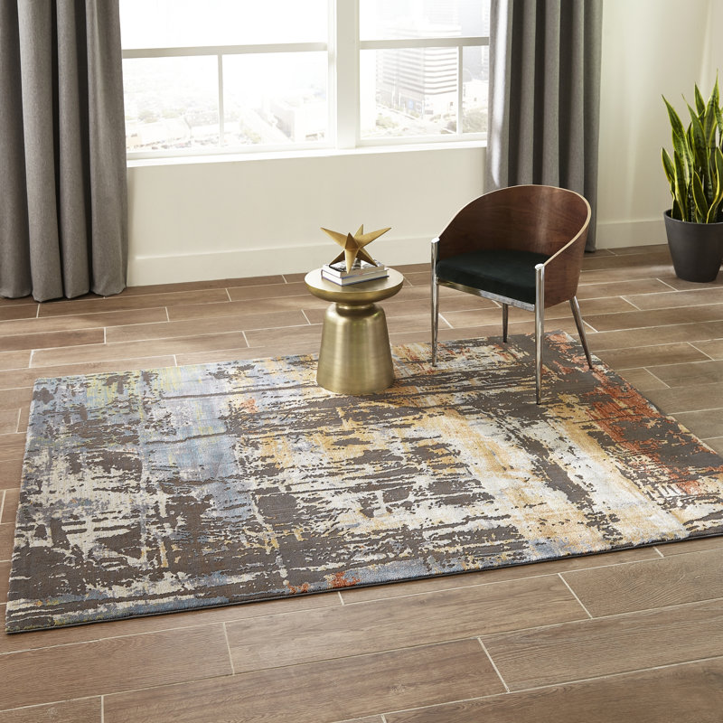 Tapis gris / orange tissé à la machine Thrapst, Rectangle 3 pi 11 po x 5 pi 7 po