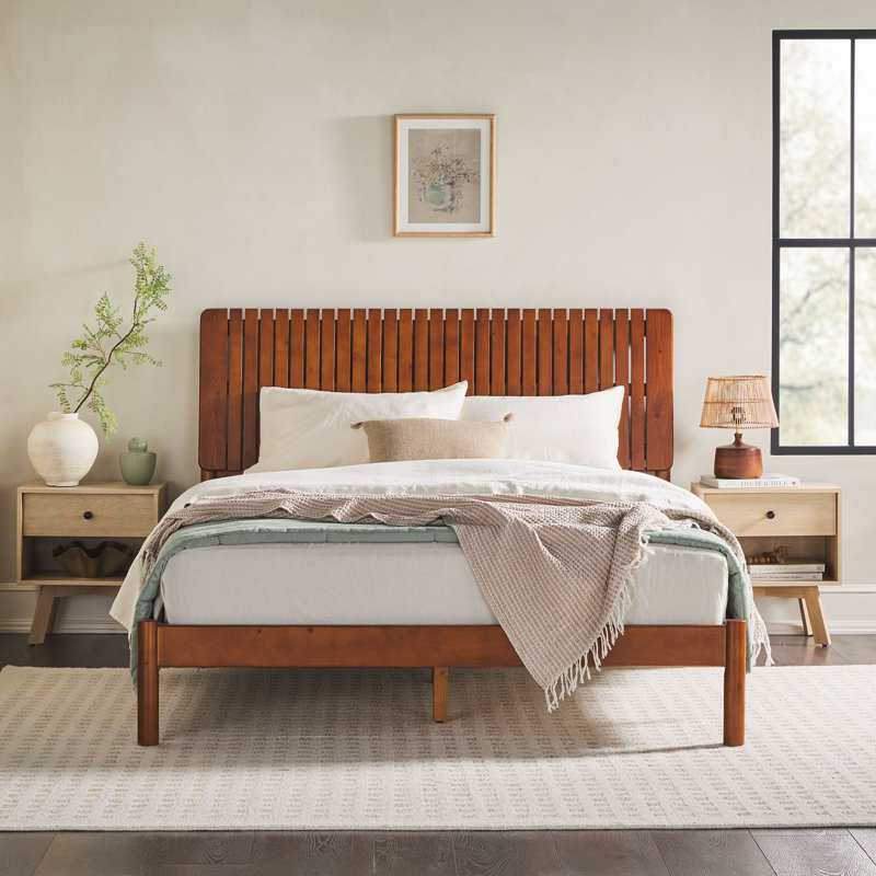 Boshell Solid Wood Platform Bed with Slatted Headboard, Queen, Brown