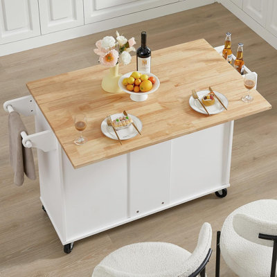 White Kitchen Island With Drop Leaf Countertop – Rolling Kitchen Cart With Storage Cabinet, Spice Rack, And 3 Drawers, Ideal For Kitchens And Dining R by Latitude Run