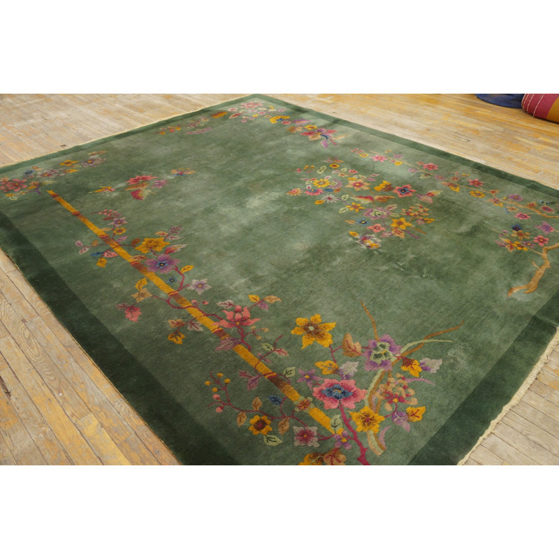 Antique Chinese Art Deco Floral Knotted Green Rug