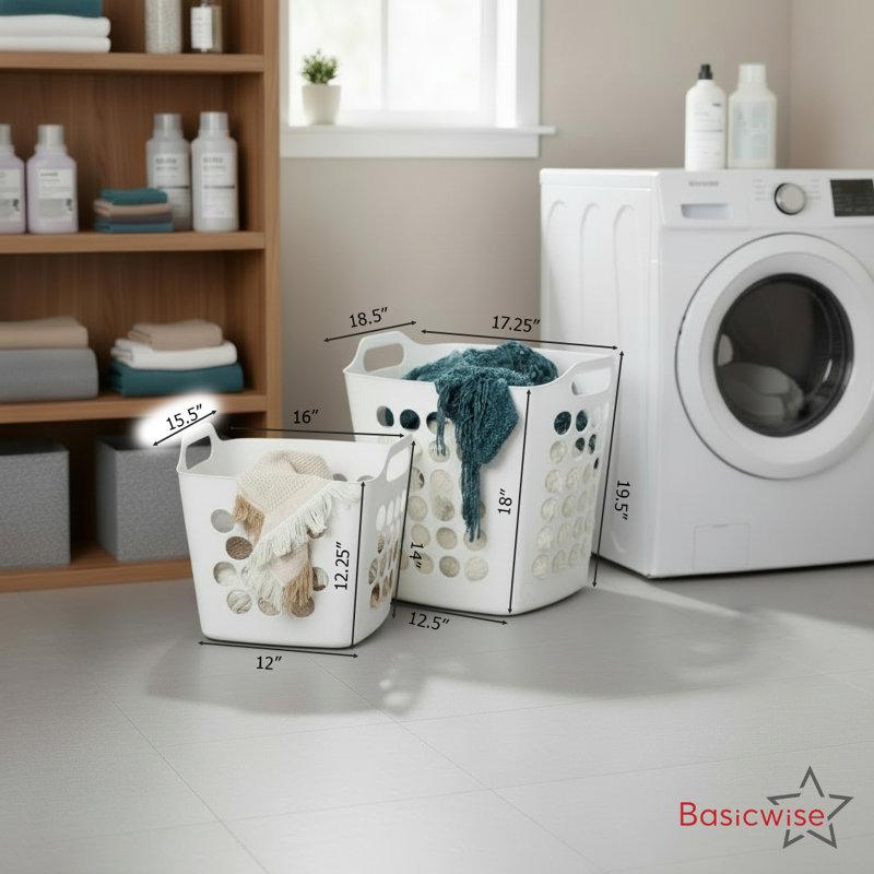 Basicwise Set Of 2 Plastic Laundry Baskets With Handles Large & Small Ventilated Hampers For Clothes Storage & Organization Lightweight Stackable Bins For Bedroom Bathroom Dorm And Washing Area, White