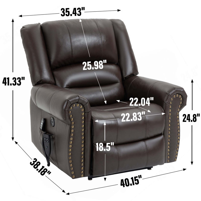 Fauteuil inclinable à deux positions avec massage USB, Cuir véritable brun