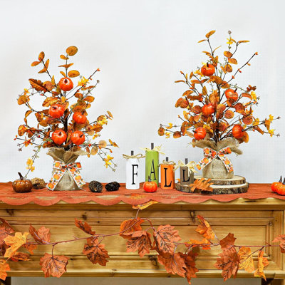 Paquet de 2 et minuterie - Arbre d'automne illuminé Turnmeon avec 20 lumières à DEL et eucalyptus artificiels à base de jute et baies florales