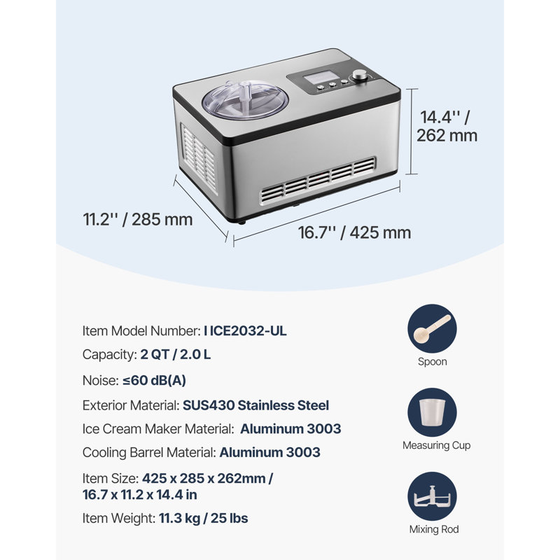 Sorbetière automatique avec compresseur intégré, 2 litres, yaourtière aux fruits sans précongélation, 3 modes de préparation, écran ACL et minuterie, sorbetière électrique en acier inoxydable, argent.