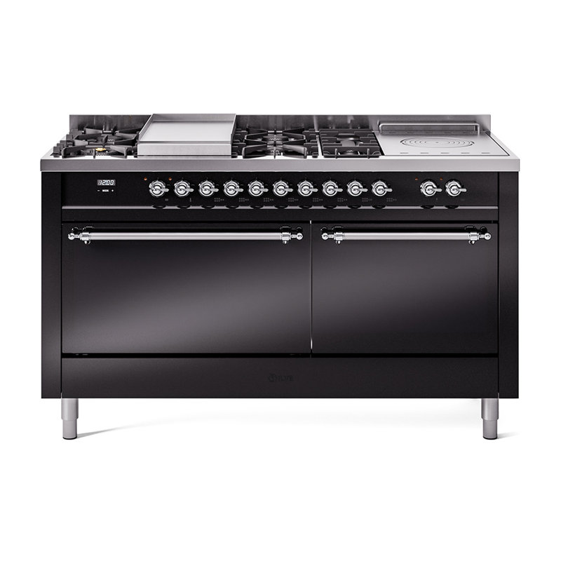 ILVE Nostalgie II 60 in Dual Fuel Range, 7 Burner, Griddle, Frenchtop, Glossy Black/Chrome, Natural Gas