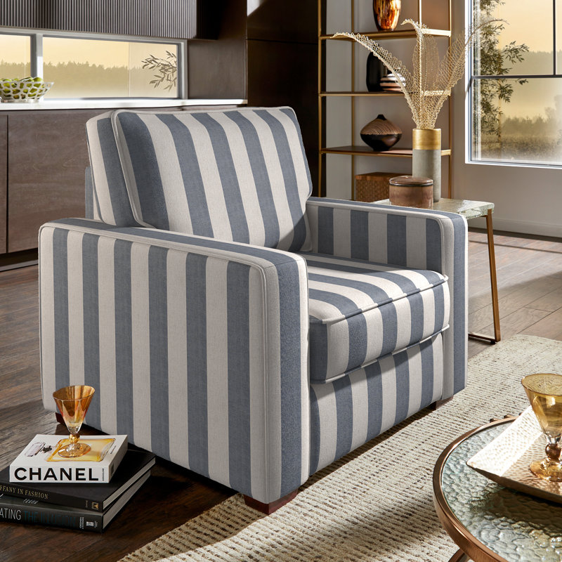Beaulah Modern Fabric Upholstered Square Arm Living Room Chair, Blue/White Fabric