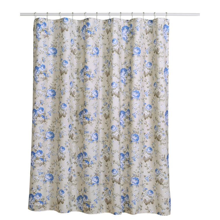Chaps Shower Curtains with Hooks - Linen Textured Waterproof Curtain 10 Easy-Slide Hooks - Beige Floral - Size 72 x 72