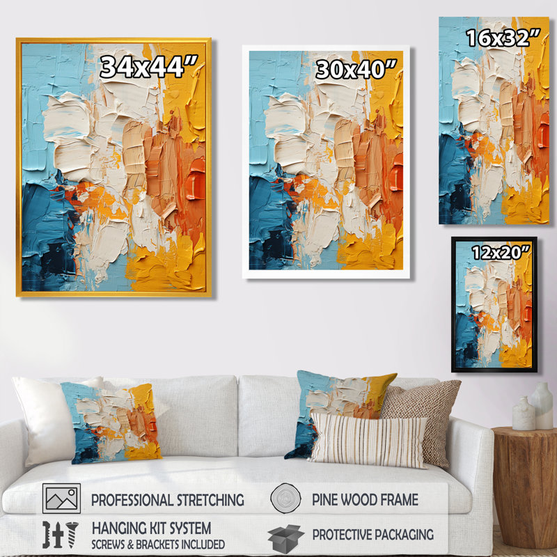 «Southern Sens sensibilité», bleu, jaune et orange - art mural abstrait, Toile tendue, H 20 po x l 12 po x P 1 po