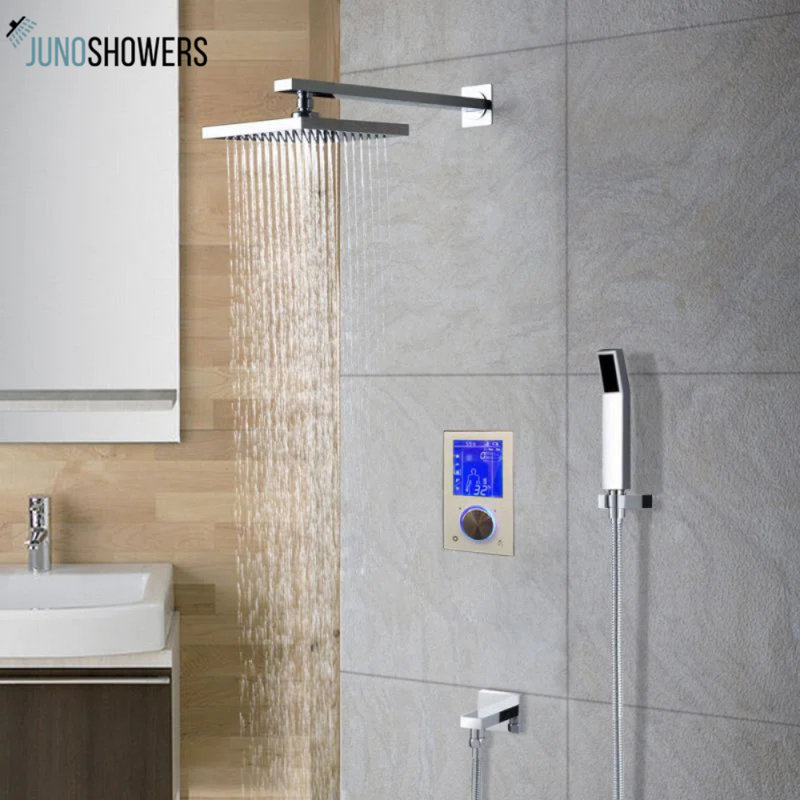 Système de douche mural 12 pouces chromé avec valve thermostatique et douchette