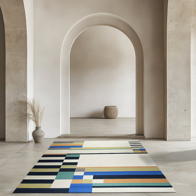 Tapis transitionnel moderne en laine tissé à plat multicolore Dymon, Rectangle 6 pi x 9 pi