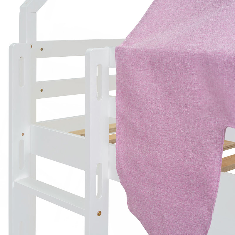 Lit mezzanine en bois simple avec structure en forme de maison avec tente, blanc et rose, Blanc