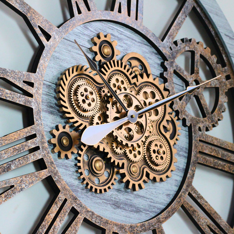 Oversized 36" Round Rustic Wood Wall Clock with Moving Gears