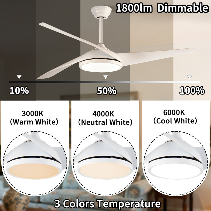 52 In. 3-Blade Smart Downrod Mount Standard Ceiling Fan With 3-Color Dimmable Led Light, Remote Control, Reversible Dc Motor