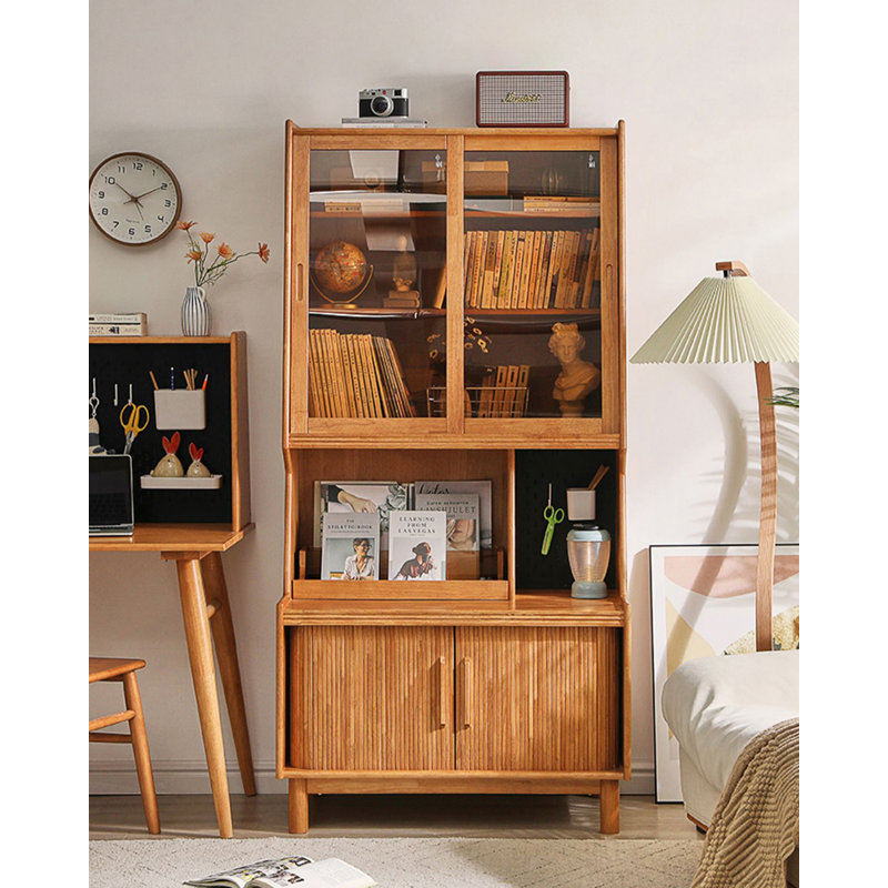 Modern Natural Wood Tall Bookcase with Glass & Fluted Doors
