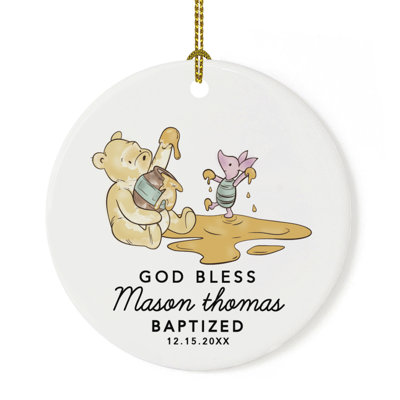 Custom Winnie The Pooh Baptism Ornament With Pennant Flag Design, Ceramic Christening Keepsake For Baby Gifts