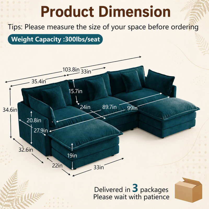 U-Shaped Modular Sectional Sofa with Reversible Ottomans