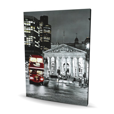 Grayscale Pantheon with Red Bus - Hyperrealist Canvas Art