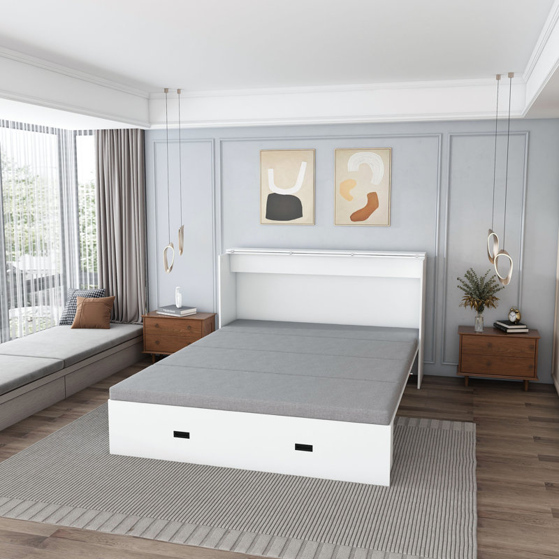 Lit escamotable de 57 pouces, avec tiroirs de rangement et armoire de chargement, avec panneaux pliables, avec roues pivotantes, silencieux
