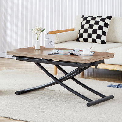 Modern Minimalist Multifunctional Lifting Table, With A 0.8-Inch Wood Grain Process Sticker Desktop And Black Metal Legs, Can Be Used As A Dressing Table, Coffee Table, Dining Table, And Office Table
