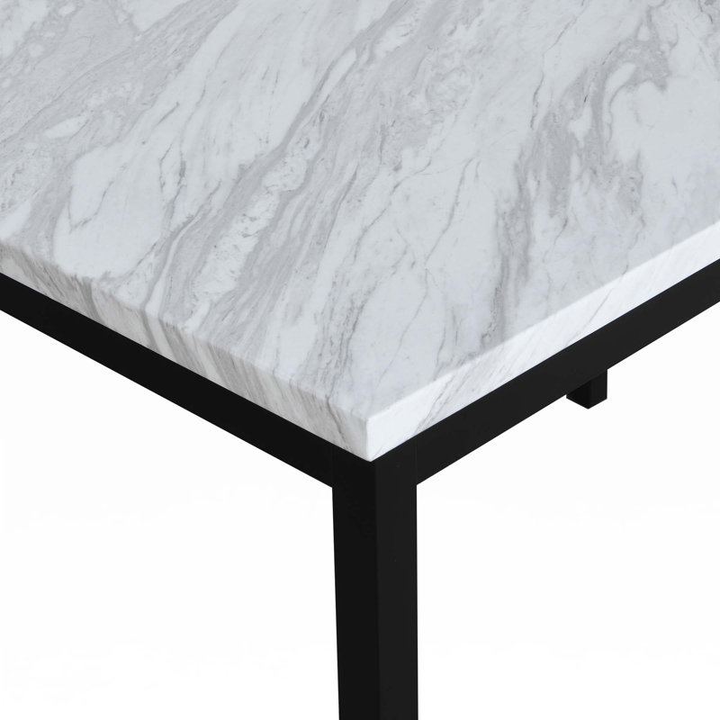 Ensemble 5 pièces de coin-repas en métal avec plateau en faux marbre blanc cassé stratifié, 4 chaises, Noir