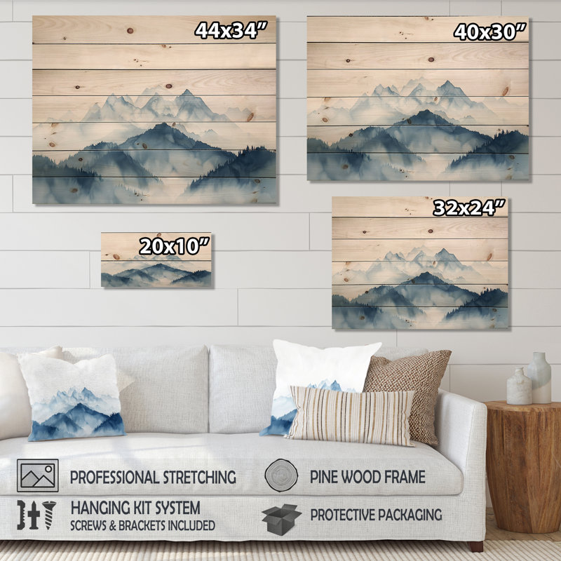 Hiver bleu et blanc Mountain Majesty II - paysage de montagnes, art mural sur bois de pin naturel, H 10 po x l 20 po