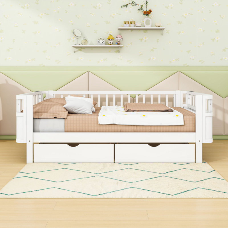 Wood Platform Bed With 2 Drawers And Fence, Full, White