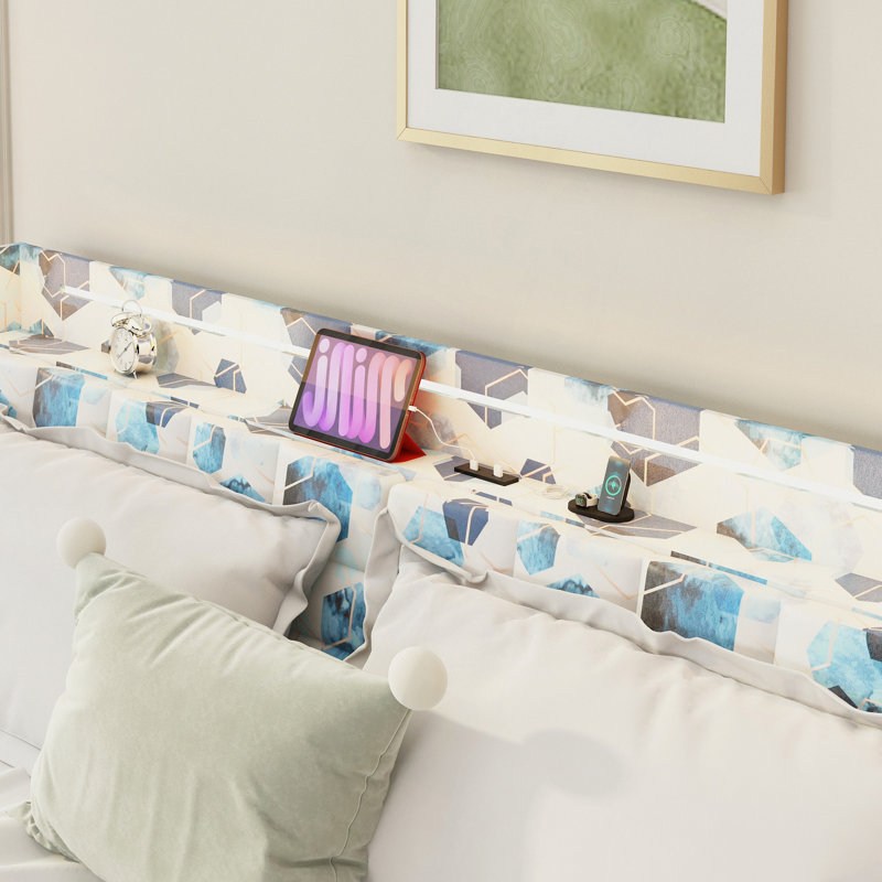 Lit moderne, cadre de lit flottant avec lumière DEL et base de lit tapissier avec tête de lit et espace de rangement caché, aucun sommier nécessaire