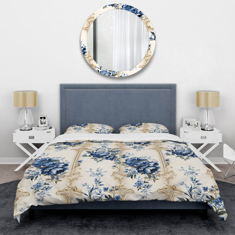 Ensemble de housse de couette motif ornemental bleu à motif victorien III, Housse de couette simple + 1 taie décorative stan