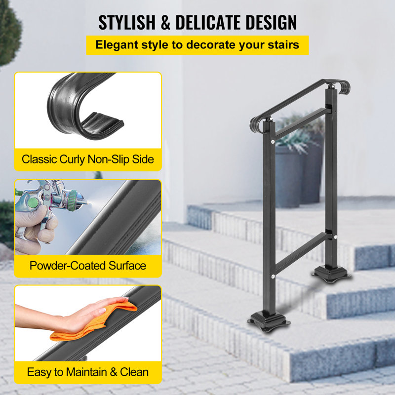Adjustable Black Wrought Iron Handrail for 1-2 Steps