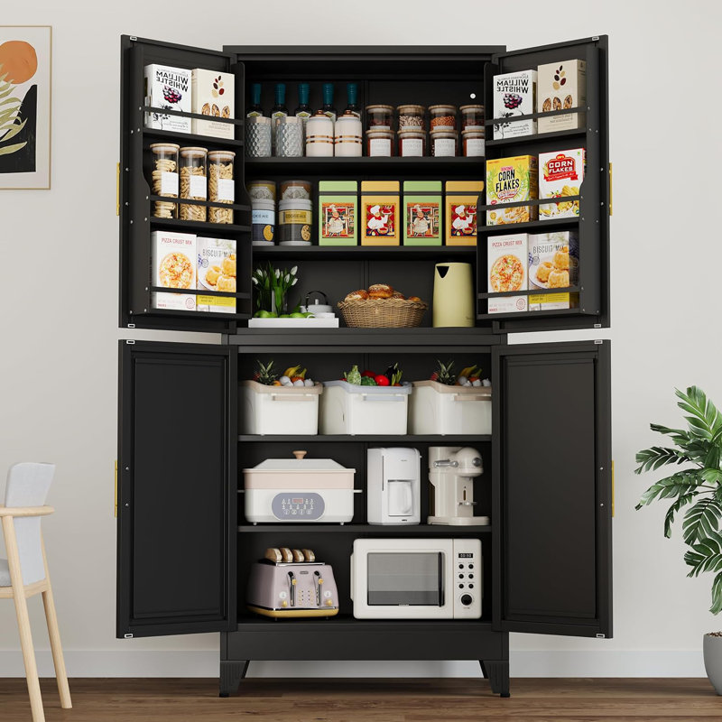 74.8" Tall Metal Food Cabinet, Black Kitchen Pantry Cabinet, Storage Cabinets with 4 Door and 4 Adjustable Shelves, Steel Freestanding Cupboard for Kitchen Dining Room Living Room Bathroom